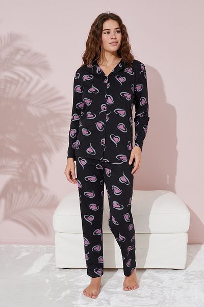 Siyah İnci Set de pijamale din bumbac, negru, roz, cu model de inimă mare