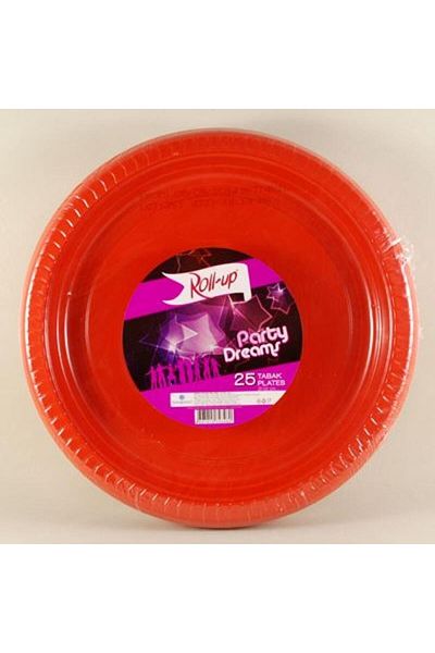 Roll-Up 25 Pieces Red Round Plate Plastic - 22 Cm