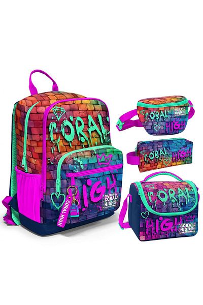Coral High Pink Navy Blue Graffiti Primary/secondary School Bag Set and Waist Bag for Boys