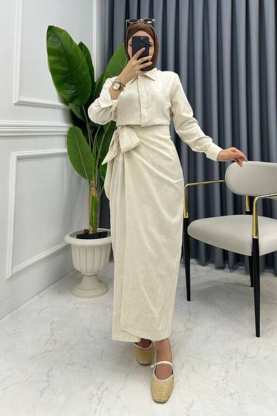 miqa butik فستان كتان بلون الحجر - تنورة مربوطة