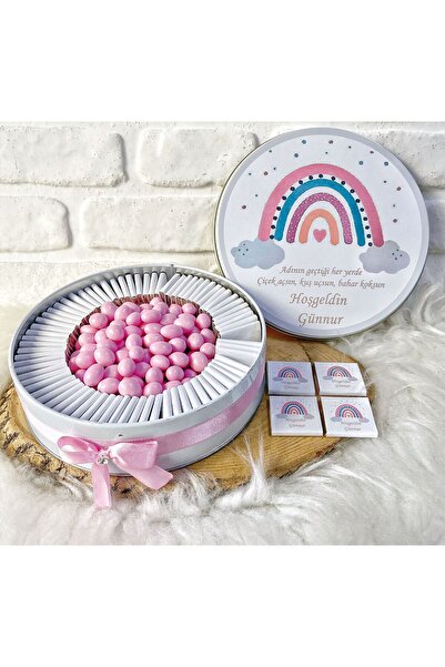 BUGİTO 100 Adet 200 gr Draje Pembe Gökkuşağı Temalı İsme Özel Hoşgeldin Kız B...