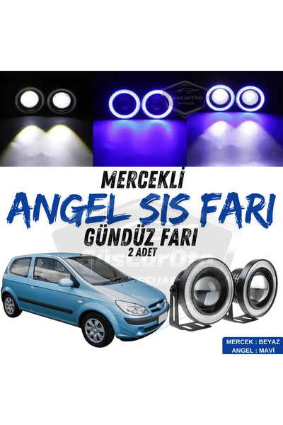 ŞüsCarOto Aksesuar Hyundai Getz 2002–2011 Uyumlu Mercekli Angel Sis Farı Metal 76 mm Mavi Halkalı Gündüz Farı 2 Adet