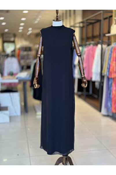 EFRAZE Düz Uzun Önü Şifonlu Siyah Kolsuz İçlik Elbise 778