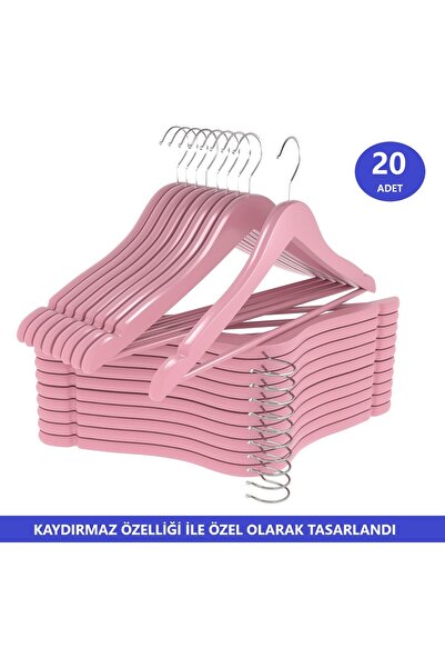 Canowe Ahşap Görünümlü Plastik Pembe Kıyafet Elbise Askısı Gömlek Askısı Pantolon Askısı 20 Adet
