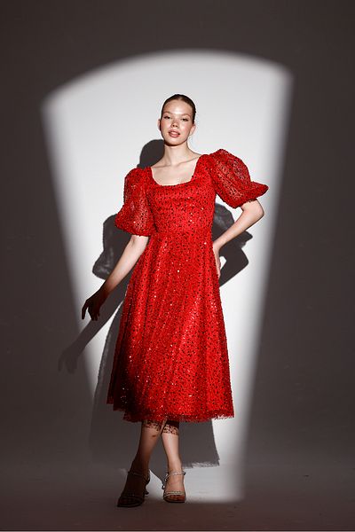 Tangül&Ali'S Moda Evi Red Midi Dress - Balloon Sleeve and Bead Embroidered