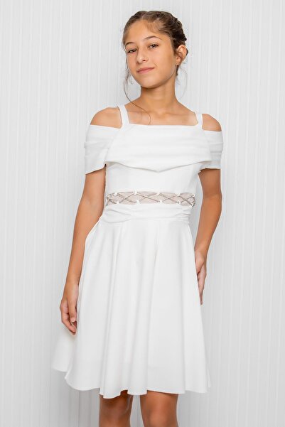 SUBU TASARIM Βραδινό φόρεμα για κορίτσια εκρού - Λεπτομέρεια μέσης MDV348