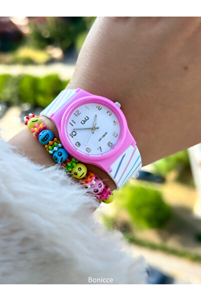 Q&Q Girl's Wristwatch - Pink Silicone Cord, 10 Bar Waterproof, Sea and Pool Use