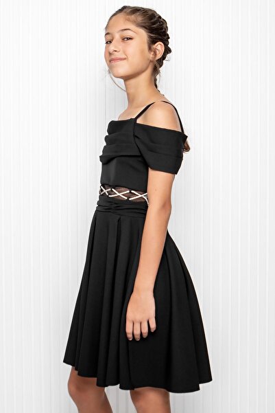 SUBU TASARIM Black Girl's Evening Dress - Waist Detailed, Mdv348