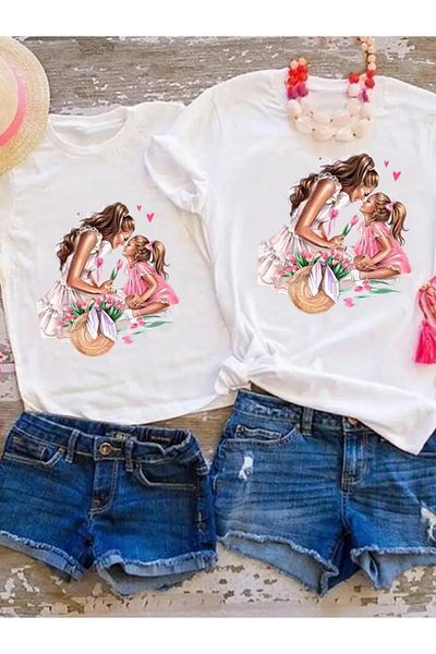 Pink Sky Heart Printed Mother and Daughter T-shirt