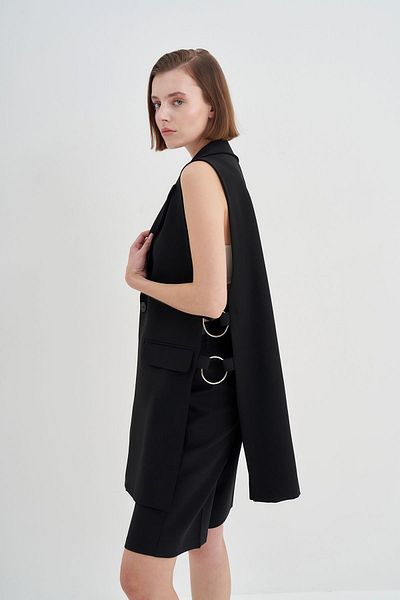 Yake Black Long Vest with Side Ring Detail