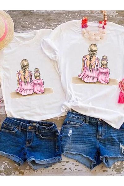 Pink Sky Family Clothing - Heart Printed Cute Mother and Daughter T-shirt