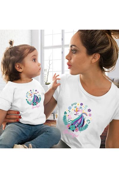 Pink Sky Family Clothing - Heart Printed Cute Mother and Daughter T-shirt