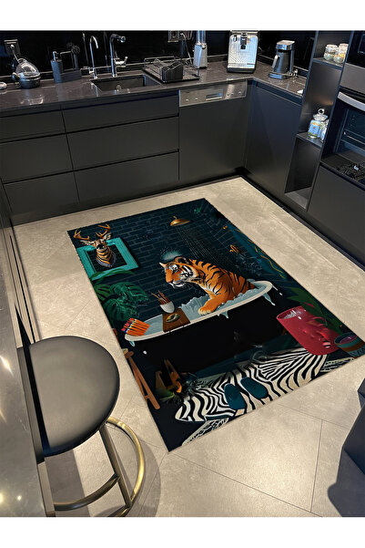 Rugs Modern Halı Çok Renkli Sürrealist Küvet Kaplan ve Geyik Desenli Modern D...