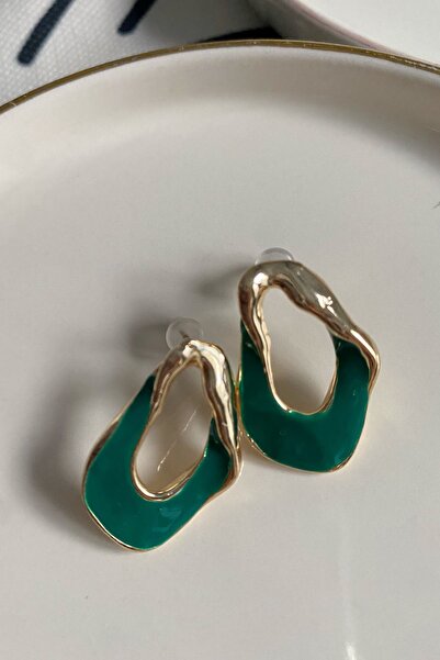 Glaren Asimetrik Yeşil Mineli Altın Renk Kadın Küpe