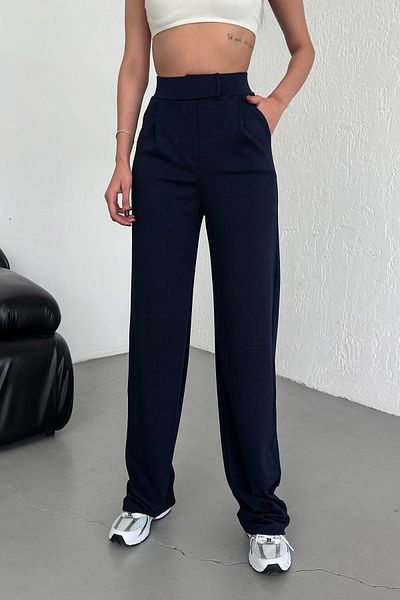 Warasiva Women's Navy Blue High Waist Lycra Stretchy Velcro Closure Pleated Casual Fit Palazzo Pants