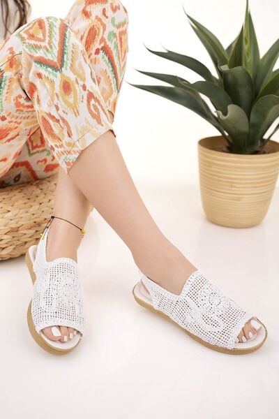 Modafırsat Γυναικεία ψάθινα σανδάλια Πλεκτά με δαντέλα λευκά διχτυωτά κεντημένα κεντημένα νέα σεζόν Καλοκαιρινά σανδάλια για διακοπές στην παραλία