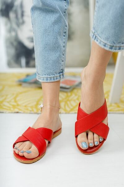 Modafırsat Women's Daily Leather Slippers Red Dowry Bundle Guest Sea Home Beach Holiday Slippers