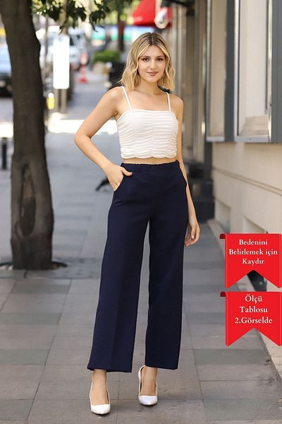 adba style 4002 Navy Blue Palazzo Elastic High Waist Pocket Woven Women's Trousers