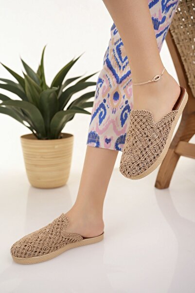Modafırsat Kadın Hasır Terlik Taba Önü Kapalı Örgü Dantel Triko Nakış Yeni Sezon Yazlık Ev Plaj Tatil Terliği
