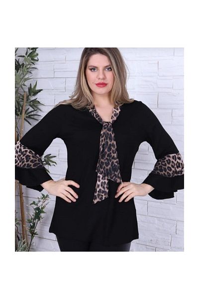HÜLYA BUTİK Γυναικεία Μπλούζα Flounce Black Chiffon Leopard Flares