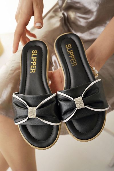 Modafırsat Women's Black Slippers with Stone Ribbon Bow Detail Stylish Summer Dowry Home Beach Vacation Slippers