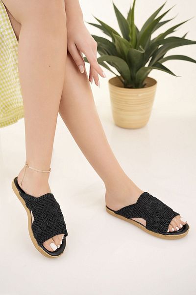 Modafırsat Papuci de femei din paie Tricoturi din dantelă din tricot neagră Broderie Detaliată Elegant Nou sezon Vară Acasă Plajă Vacanță Papuci