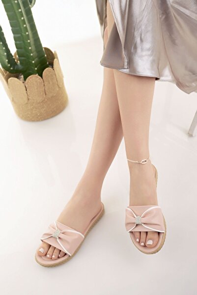 Modafırsat Papuci de damă cu fundă de piatră roz cu fundă detaliată, elegantă, zestre de vară, casă, plajă, vacanță, papuci