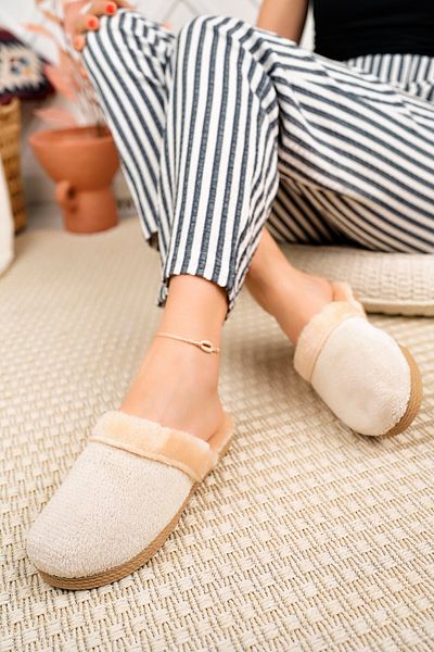 Modafırsat Winter House Slippers Beige Plush Woolen Women's Slippers Guest Dowry Bundle Bridal Slippers