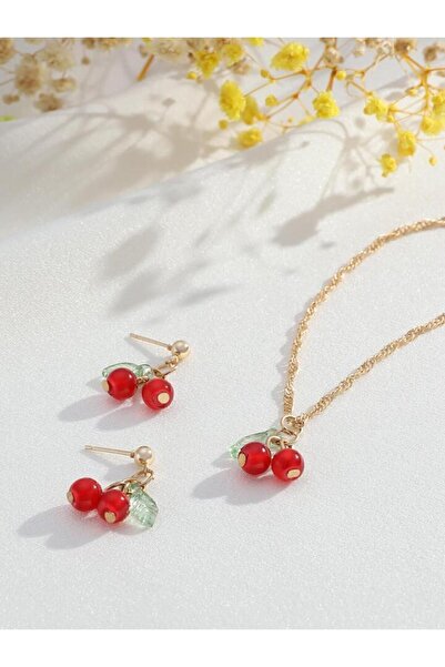 mCherry Gold Colored Cherry Necklace and Earring Set