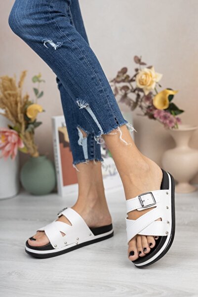 Modafırsat Papuci albi pentru femei cu toc pană Papuci de zi cu zi ortopedici Papuci confortabili și eleganti cu toc