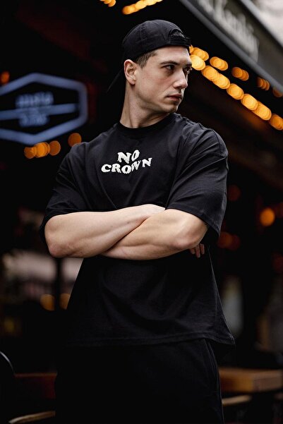 HYPERS No Crown Baskılı Siyah Erkek Oversize Tshirt