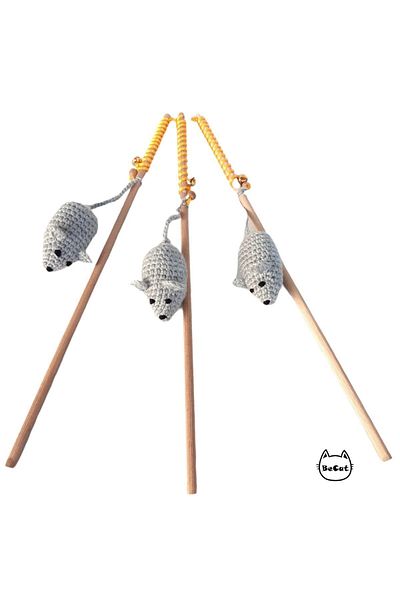 Be Cat Mouse Knitted, Amigurumi Catnip Toy and Bell Cat Fishing Rod Toy - Gray