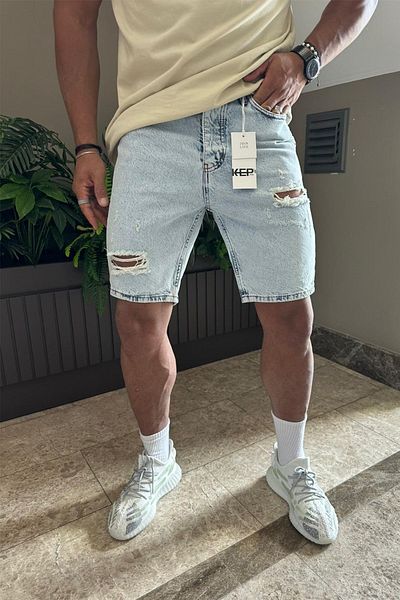 MADZEYMODA Pantaloni scurți pentru bărbați, albastru gheață, blugi rupti