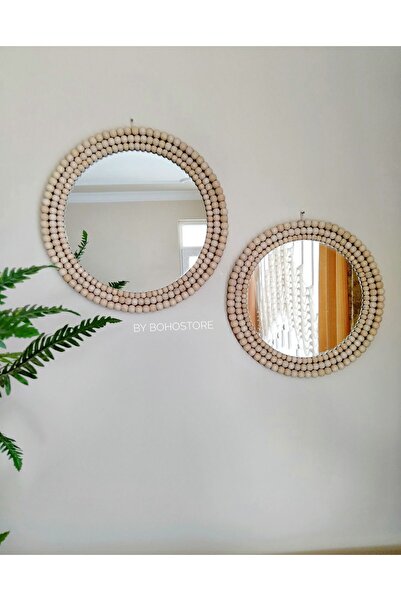 GLSTN By Bohostore Ahşap Boncuklu Yuvarlak Ayna Seti 40cm 35cm , Yuvarlak Ayn...