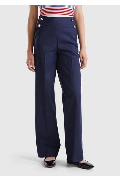 United Colors of Benetton Navy Blue Cotton-viscose Mix - Women's Wide Leg Trousers with Button Detail