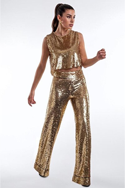 LorraJo Gold Payetli Bol Paça Pantolon