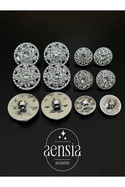 aensia Stoned and Twisted Silver Flower Model Plastic Button Set - Pack of 12 (6 Large + 6 Small)