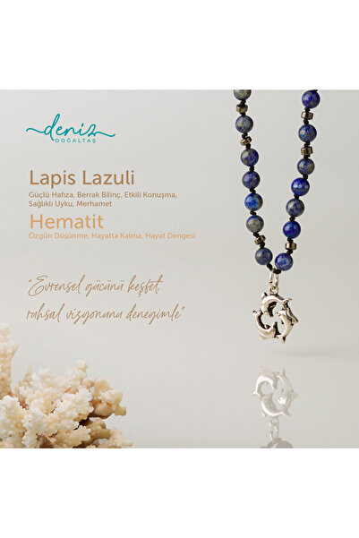 Deniz Doğal Taş Yunus Kolye Lapis Lazuli - Hematit Gümüş Tasarım Makrome Kolye