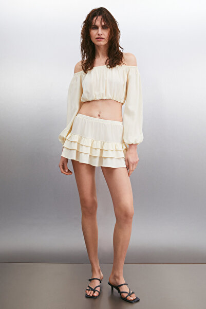 GRIMELANGE Calanthe Kadın Dokuma Maroken Bürümcük Kumaşlı Omuzları Açık Crop Lastikli Ekru Büstiyer