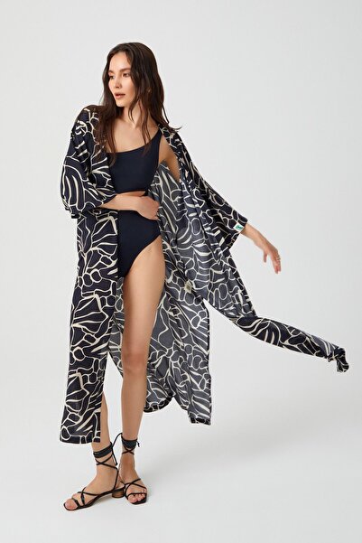 Nox Kimono -siyah krem tasarım desenli plaj elbisesi kimono kaftan