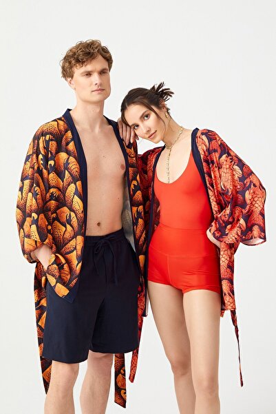 haori Orange Sunrise Kimono-kadın Erkek Uniseks Sürdürülebilir Tasarım Turunc...