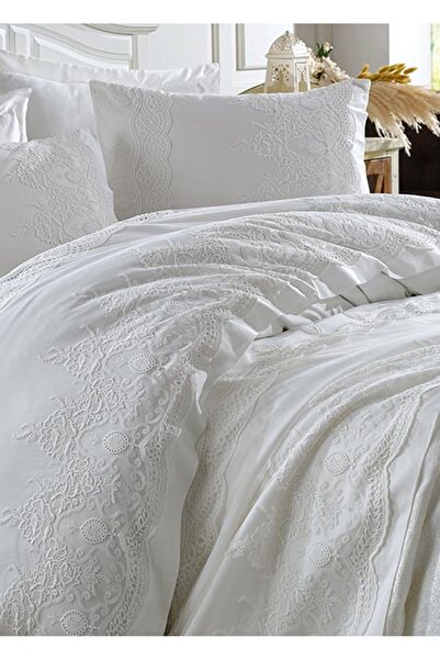 Dantela طقم زفاف من الساتان القطني المزخرف من Duru - أبيض