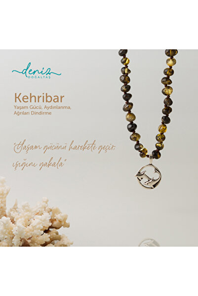 Deniz Doğal Taş Yunus Balığı Kehribar Gümüş Tasarım Makrome Kolye