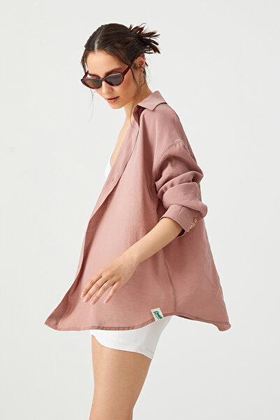 haori Fleur Modal Gömlek- Gül kurusu pembe modal kumaş rahat kalıp gömlek