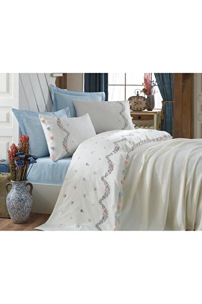 Dantela Lara Embroidery and Tasseled Pique Set - Cream/Blue