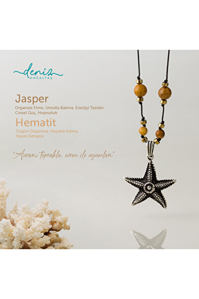 Deniz Doğal Taş Deniz Yıldızı Jasper - Hematit Gümüş Tasarım Makrome Kolye