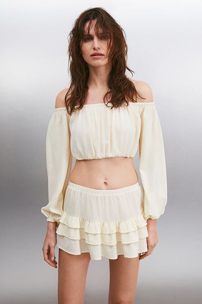 GRIMELANGE Calanthe Women's Woven Maroccan Wrapped Fabric Off-The-Shoulder Crop Elastic Ecru Bustier