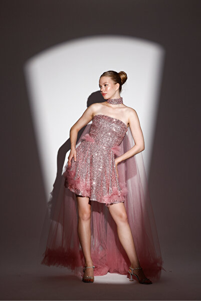 Tangül&Ali'S Moda Evi Payetli Ve Pelerinli Pembe Mini Elbise