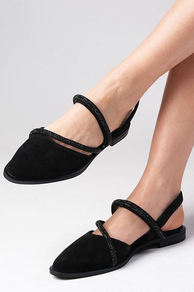 Mio Gusto Poppy Genuine Suede Black Stoned Pantofi de damă Flats Daily Pantofi plati
