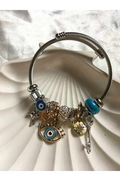 Snartun Adjustable Steel Bracelet with Blue Evil Eye and Key Charm - Special Box